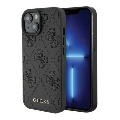 Guess kryt na iPhone 15 6.1" Black Leather 4G Stamped