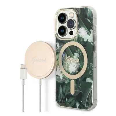 Guess GUBPP14LHJEACSA sada nabíječky MagSafe a pouzdra na iPhone 14 PRO 6.1" green Jungle MagSaf