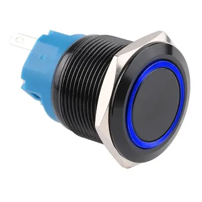 Spínač kovový s aretací, černý, průměr 25mm, IP67 Modrá 12V-24V DC