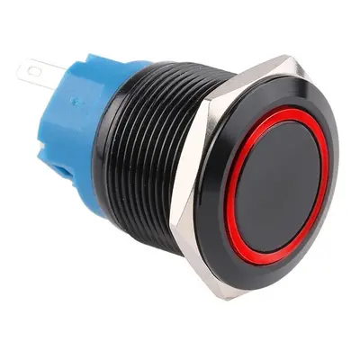 Spínač kovový s aretací, černý, průměr 25mm, IP67 Červená 12V-24V DC