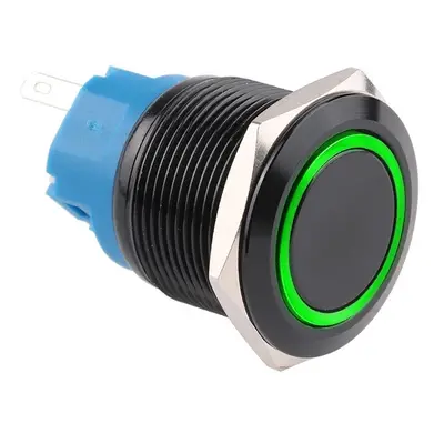 Spínač kovový s aretací, černý, průměr 25mm, IP67 Zelená 12V-24V DC