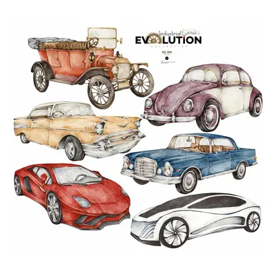 Samolepka do dětského pokoje historie automobilů/průmyslová evoluce 95×85 cm