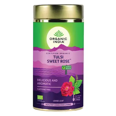 Organic India Organic Indie Tulsi Sweet Rose sypaný čaj zklidnění, stres, relax 100 g, bez kofei