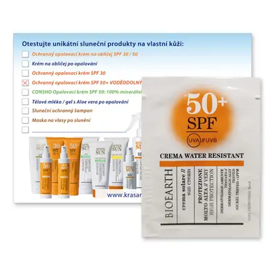 BIOEARTH Kartička + vzorek Opalovací krém voděodolný SPF50+ 3ml