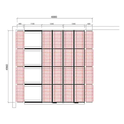 Posuvné regály na pneumatiky - sestava, cca 25 m², 360 pneu, 4880x4960 mm