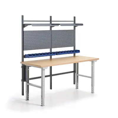 Dílenský stůl ROBUST, s panelem na nářadí, boxy a policemi, 2000x800 mm