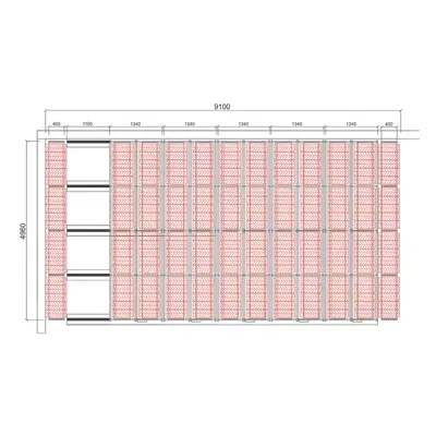 Posuvné regály na pneumatiky - sestava, cca 45 m², 720 pneu, 9100x4960 mm