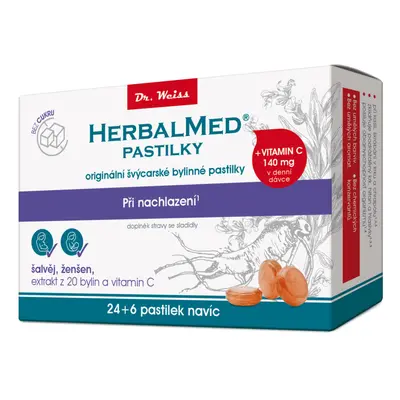 HerbalMed pastilky Dr.Weiss BEZ CUKRU Šalvěj+ženšen+vitamin C 24+6ks