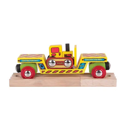 Bigjigs Rail Dřevěný vagon s buldozerem + 2 koleje