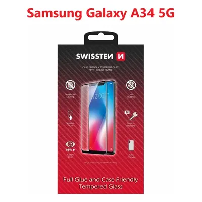 SKLO SWISSTEN FULL GLUE, COLOR FRAME, CASE FRIENDLY PRO SAMSUNG A346 GALAXY A34 5G ČERNÉ