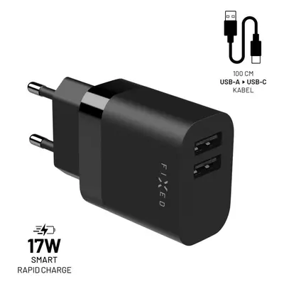 Set síťové nabíječky FIXED s 2xUSB výstupem a USB/USB-C kabelu, 1 metr, 17W Smart Rapid Charge, 