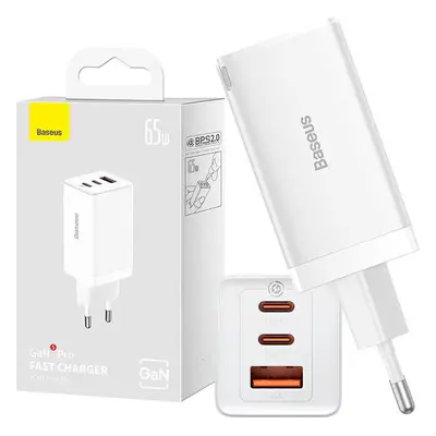 Nástěnná nabíječka Baseus GaN5 Pro 2xUSB-C + USB, 65W (bílá)