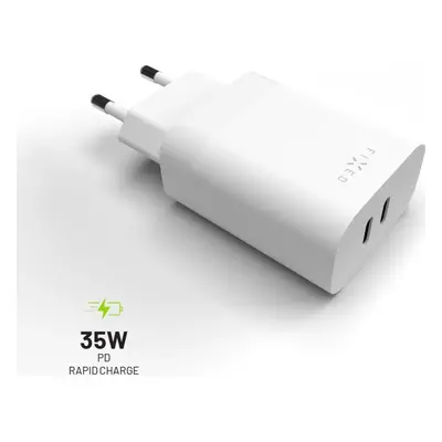 Síťová nabíječka FIXED s 2x USB-C výstupem, podpora PD, 35W, bílá