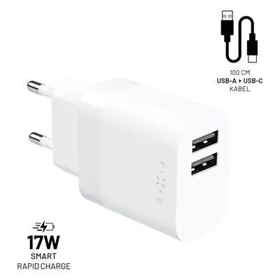 Set síťové nabíječky FIXED s 2xUSB výstupem a USB/USB-C kabelu, 1 metr, 17W Smart Rapid Charge, 