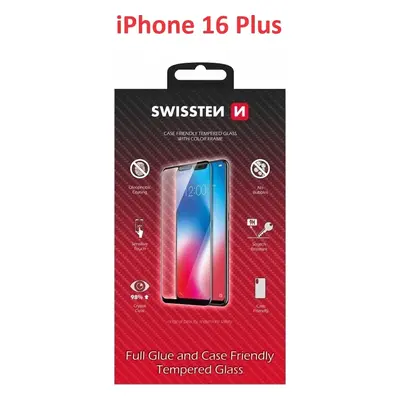 SKLO SWISSTEN FULL GLUE, COLOR FRAME, CASE FRIENDLY PRO APPLE IPHONE 16 PLUS ČERNÉ