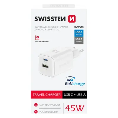 SWISSTEN SÍŤOVÝ ADAPTÉR GaN 1x USB-C 45W PD + 1x USB-A 18W QC BÍLÝ