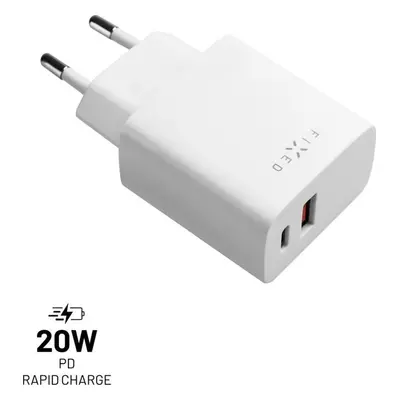 Síťová nabíječka FIXED s USB-C a USB výstupem, podpora PD a QC 3.0, 20W, bílá