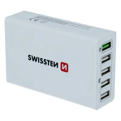 SWISSTEN SÍŤOVÝ ADAPTÉR QUALCOMM 3.0 QUICK CHARGE + SMART IC 5x USB 50W POWER BÍLÝ