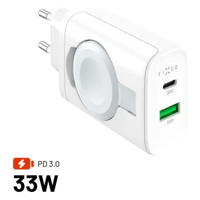 Síťová nabíječka FIXED Power Socket s USB-A a USB-C výstupem a vyklápěcí nabíječkou pro Apple Wa