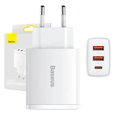 Baseus Compact Quick Charger, 2xUSB, USB-C, PD, 3A, 30W (bílá)