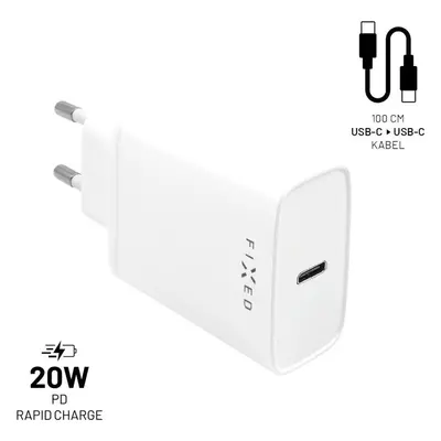 Set síťové nabíječky FIXED s USB-C výstupem a USB-C/USB-C kabelu, podpora PD, 1 metr, 20W, bílý