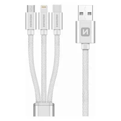 DATOVÝ KABEL SWISSTEN TEXTILE 3in1 MFi 1,2 M STŘÍBRNÝ (Lightning, USB-C, Micro USB)