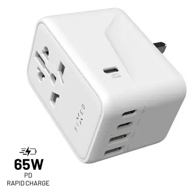 Cestovní adaptér FIXED Voyager 65 W pro EU, UK a USA/AUS, s 3xUSB-C a 2xUSB výstupem, GaN, PD 65