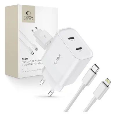 TECH-PROTECT C20W 2-PORT NETWORK CHARGER PD20W + LIGHTNING CABLE WHITE