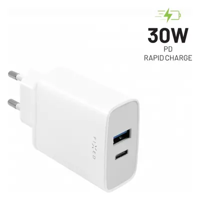 Síťová nabíječka FIXED s USB-C a USB výstupem, podpora PD, 30W, bílá