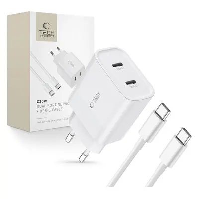 TECH-PROTECT C20W 2-PORT NETWORK CHARGER PD20W + TYPE-C CABLE WHITE