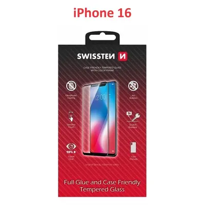 SKLO SWISSTEN FULL GLUE, COLOR FRAME, CASE FRIENDLY PRO APPLE IPHONE 16 ČERNÉ