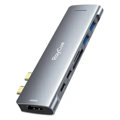 Hub 7w2 RayCue USB-C na 2x USB-A 3.0 5Gb/s + SD/TF 3.0 + USB-C+ HDMI 4K30Hz (šedý)