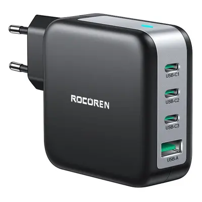 Síťová nabíječka GaN Rocoren 3x USB-C, 1x USB, Power Delivery 3.0, 100W (černá)