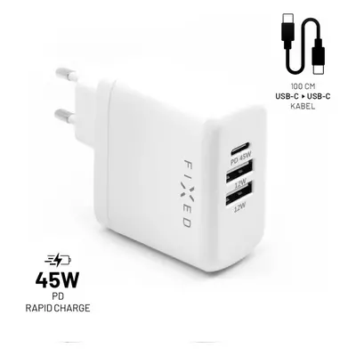 Set síťové nabíječky FIXED s USB-C a 2xUSB výstupem a USB-C/USB-C kabelu, podpora PD, 45W, bílý