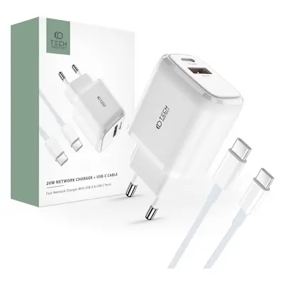 TECH-PROTECT C20W 2-PORT NETWORK CHARGER PD20W/QC3.0 + TYPE-C CABLE WHITE