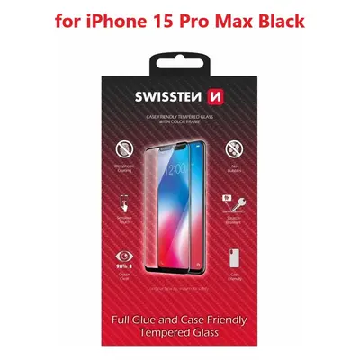 SKLO SWISSTEN FULL GLUE, COLOR FRAME, CASE FRIENDLY PRO APPLE IPHONE 15 PRO MAX ČERNÉ