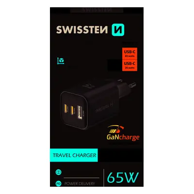 SWISSTEN SÍŤOVÝ ADAPTÉR GaN 2x USB-C 65W PD + 1x USB-A 18W QC BÍLÝ