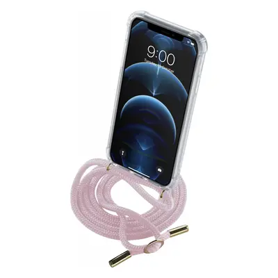 Transparentní zadní kryt Cellularline Neck-Case s růžovou šňůrkou na krk pro Apple iPhone 12 PRO