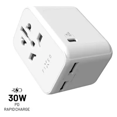 Cestovní adaptér FIXED Voyager 30 W pro EU, UK a USA/AUS, s 1xUSB-C a 2xUSB výstupem, GaN, PD 30