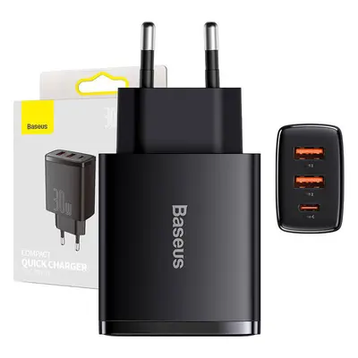 Nabíječka Baseus Compact Quick Charger, 2xUSB, USB-C, PD, 3A, 30W (czarna)