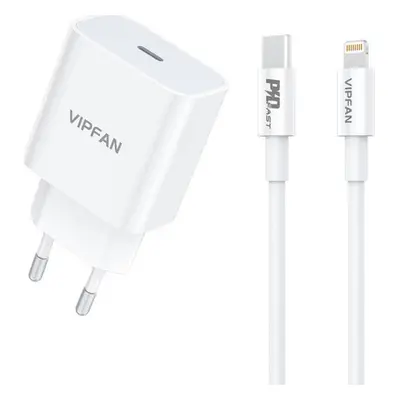 Vipfan Nástěnná nabíječka VFAN E04, USB-C, 20W, QC 3.0 + kabel Lightning (bílá)