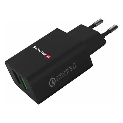 SWISSTEN SÍŤOVÝ ADAPTÉR 2x USB QC 3.0 + USB, 23W ČERNÝ