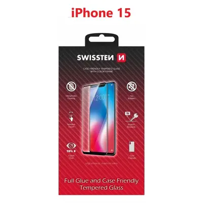 SKLO SWISSTEN FULL GLUE, COLOR FRAME, CASE FRIENDLY PRO APPLE IPHONE 15 ČERNÉ