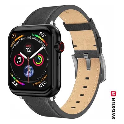 SWISSTEN ŘEMÍNEK PRO APPLE WATCH KOŽENÝ 42 / 44 / 45 / 49 mm ČERNÝ (stříbrná spona a stříbrné po