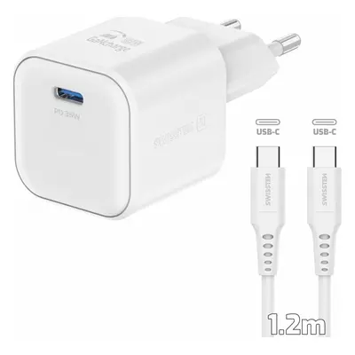 SWISSTEN SÍŤOVÝ ADAPTÉR GaN 1x USB-C 35W POWER DELIVERY BÍLÝ + DATOVÝ KABEL USB-C/USB-C 1,2 M BÍ