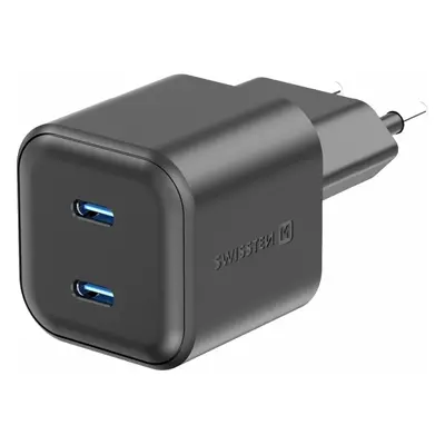 SWISSTEN SÍŤOVÝ ADAPTÉR GaN 2x USB-C 20W POWER DELIVERY ČERNÝ