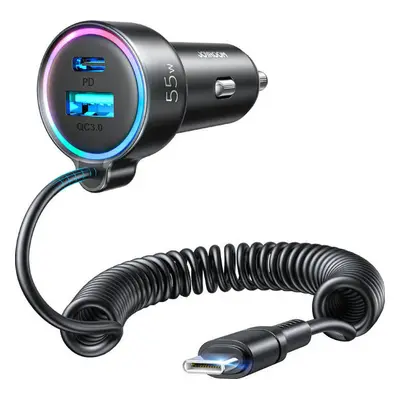 Nabíječka do auta Joyroom JR-CL07, 3 v 1, 1x USB + 1x PD, 55W + kabel Type-C (černá)