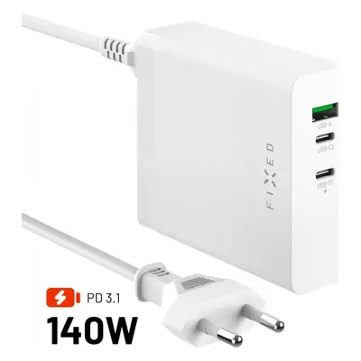 Síťová GaN nabíječka FIXED Charging Station s 2xUSB-C a USB výstupem, podpora PD 3.1, 140W, bílá