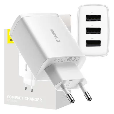 Baseus Kompaktní rychlonabíječka Baseus, 3x USB, 17 W (bílá)