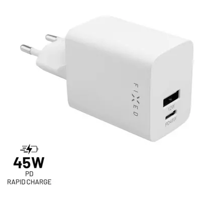 Síťová nabíječka FIXED Mini s USB-C a USB výstupem, podpora PD, 45W, bílá